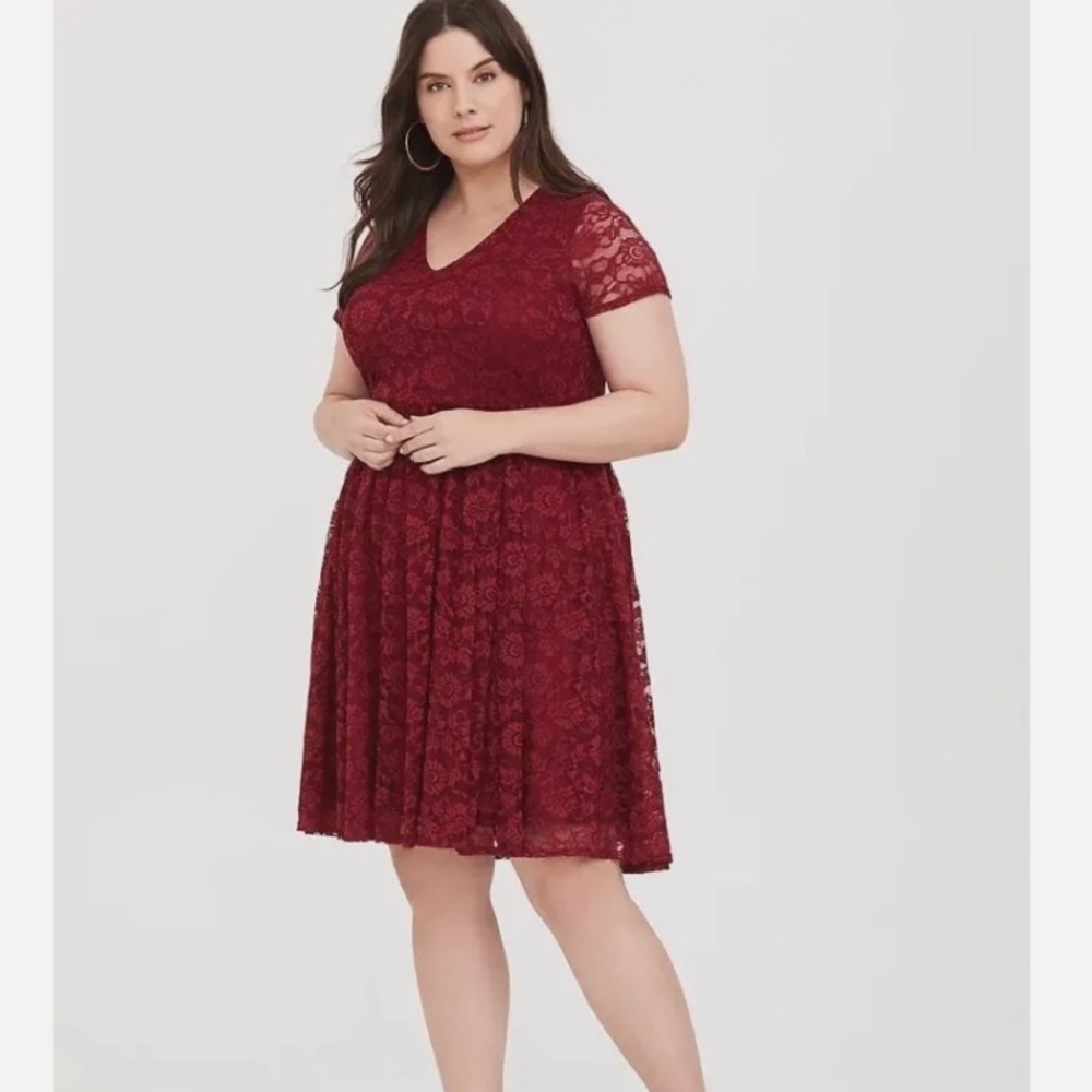 Torrid Size 16 Burgundy Red Lace Skater‎ Fit & Flare Open Back Cocktail Dress